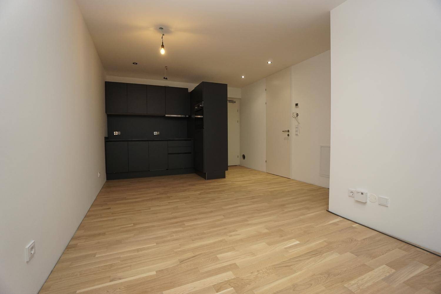Heller Raum mit neuer, dunkelgrauer Einbauküche und Zugang zur Wohnungstür.