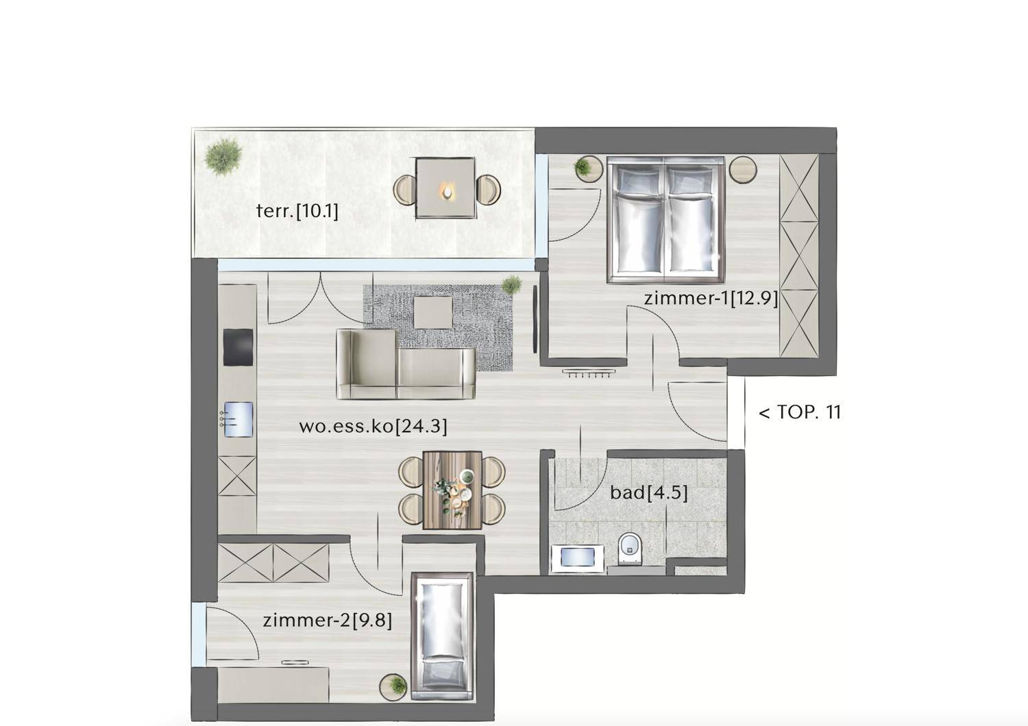 Grundriss einer Wohnung mit offener Wohnküche, zwei Schlafzimmern, einem Badezimmer und einer Terrasse.