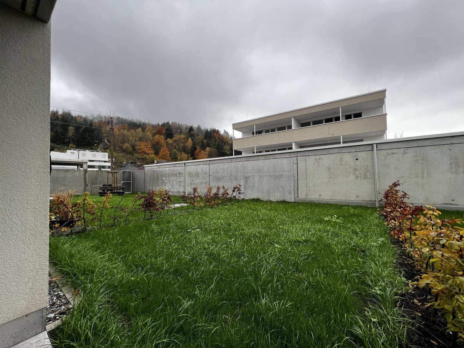 Grüner Gartenbereich mit Rasenfläche und einer Betonmauer, umgeben von herbstlicher Natur.