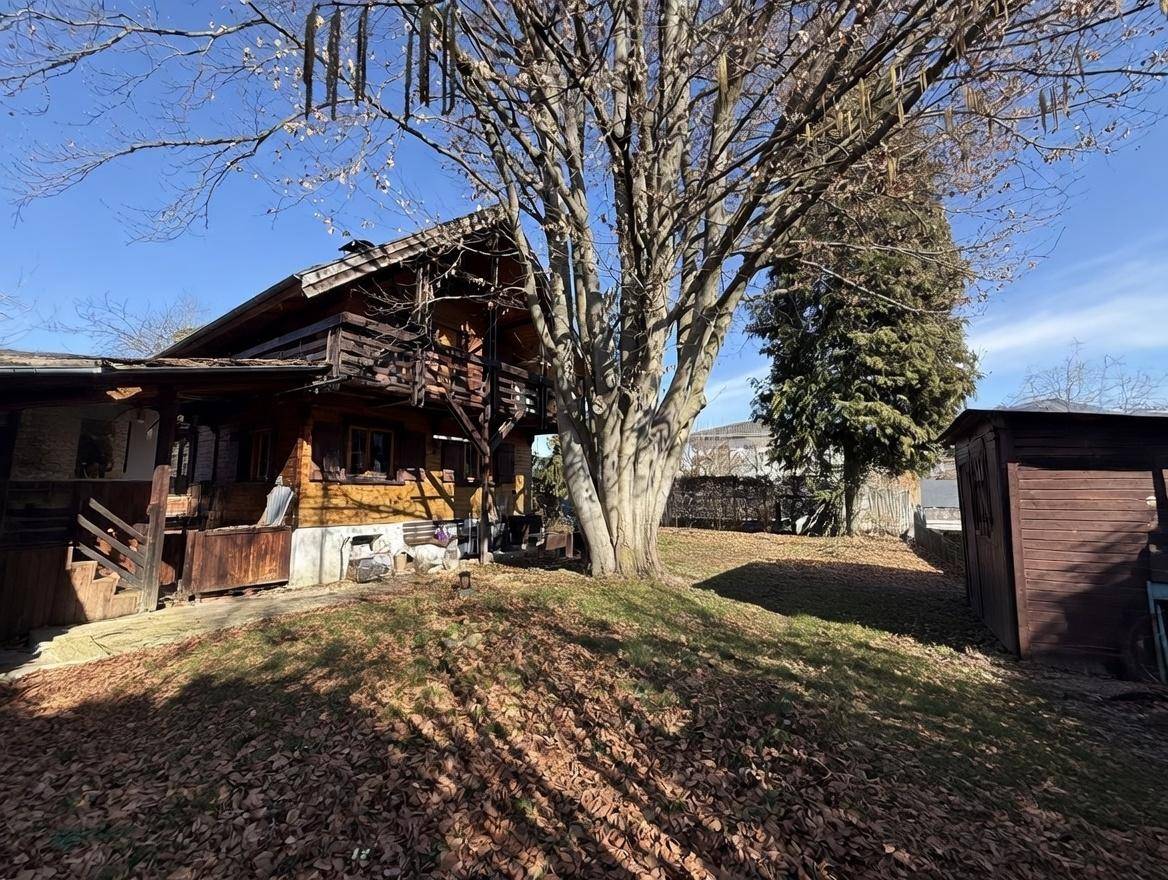 Rustikales Holzhaus mit Balkon, großem Baum und einem kleinen Gartenschuppen im Sonnenlicht.