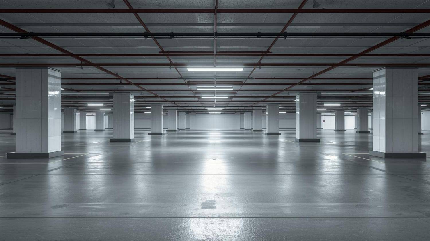 Geräumige und gut beleuchtete Tiefgarage mit vielen freien Parkplätzen und Betonboden.