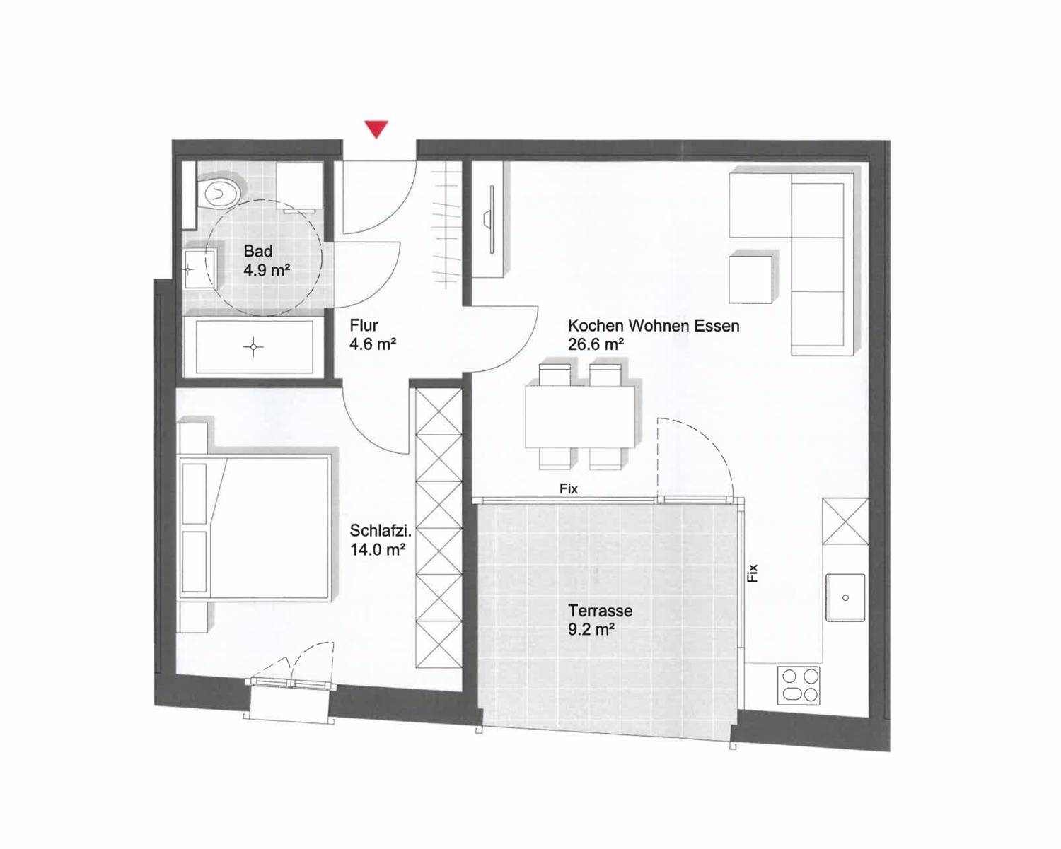 Grundriss einer Wohnung mit offenem Wohnbereich, Schlafzimmer und Terrasse.