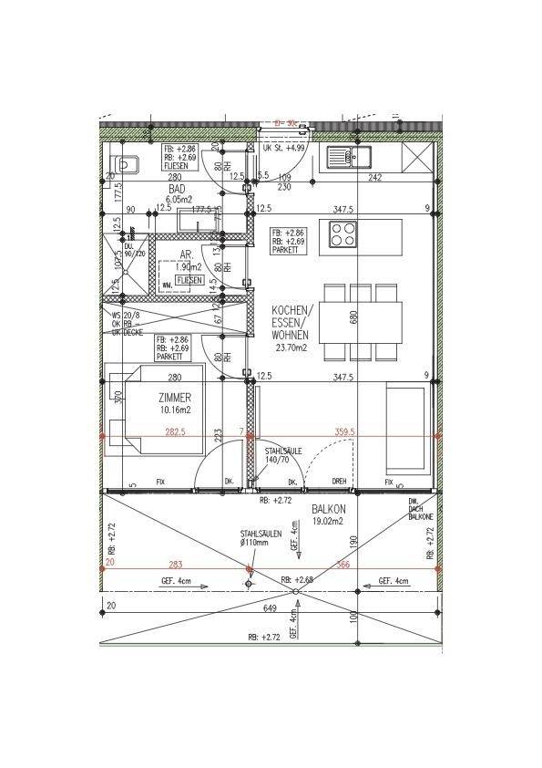 Grundriss einer Wohnung mit offener Küche, Wohnbereich, Schlafzimmer und Balkon.