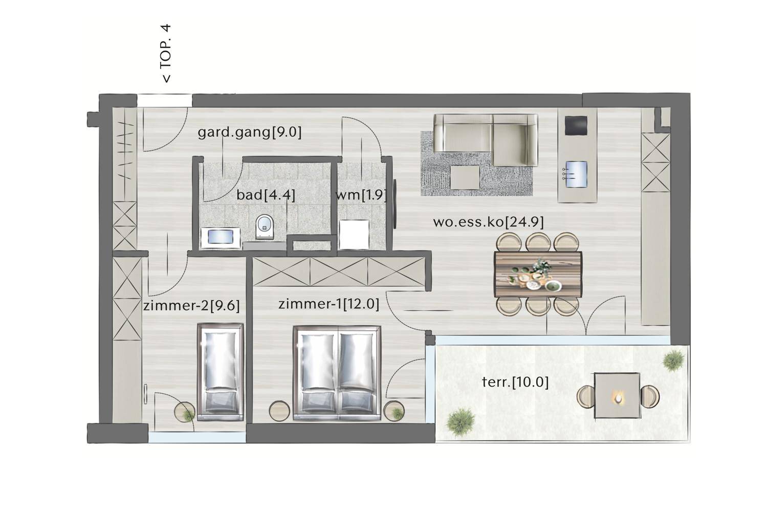 Grundriss einer Wohnung mit offenem Wohn-Essbereich, zwei Schlafzimmern und einer Terrasse.