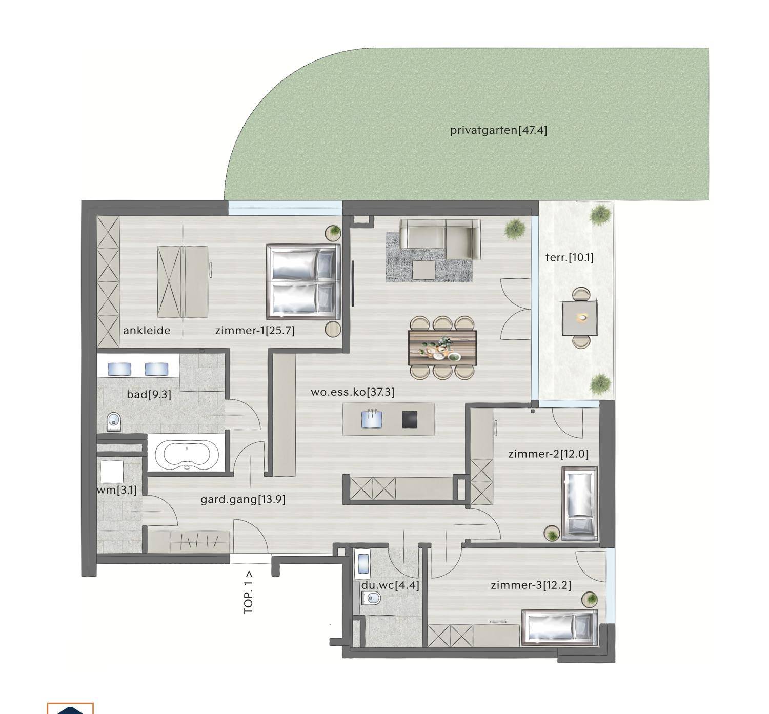 Grundriss einer Wohnung mit offenem Wohnbereich, drei Zimmern, Terrasse und privatem Garten.