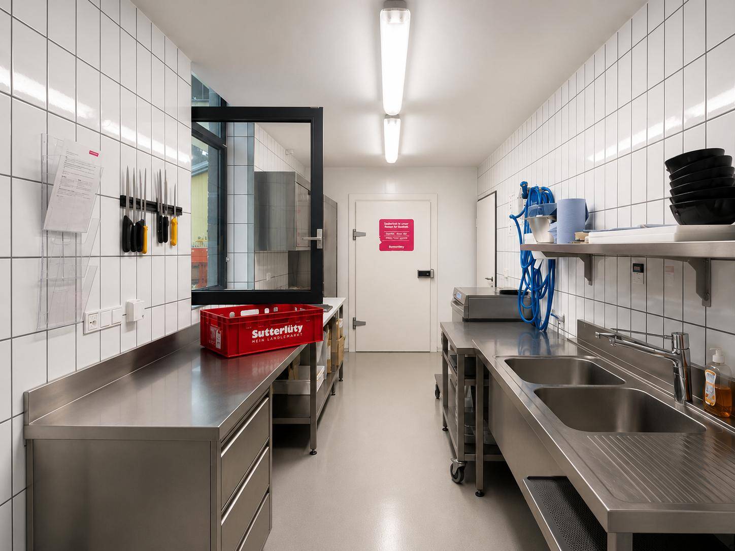 Professionelle Küche mit Edelstahl-Arbeitsflächen, Doppelspülbecken und weißen Fliesenwänden, gut beleuchtet.