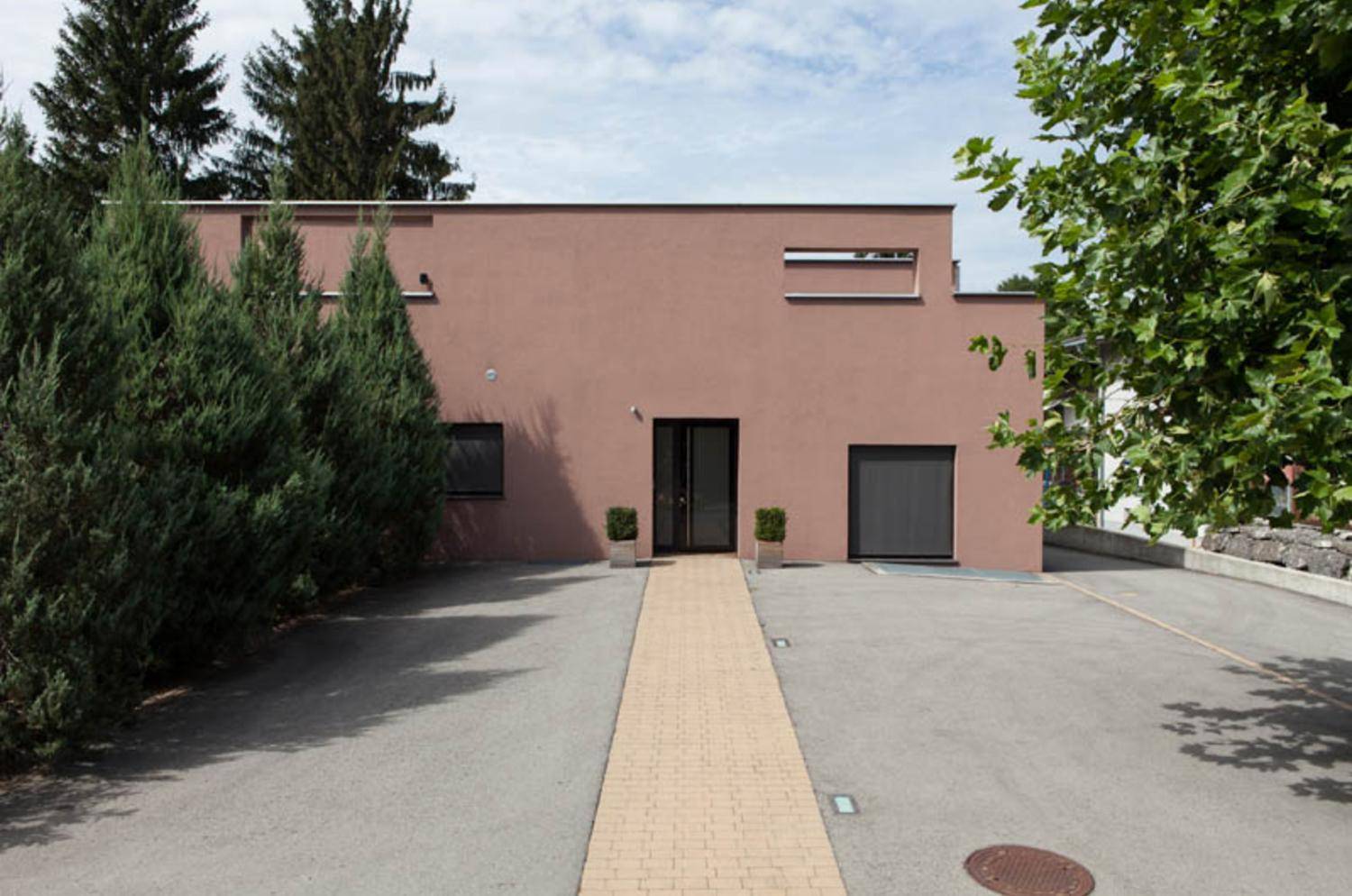 Moderne Hausfassade in rötlich-braunem Farbton mit gepflasterter Zufahrt und grüner Bepflanzung.