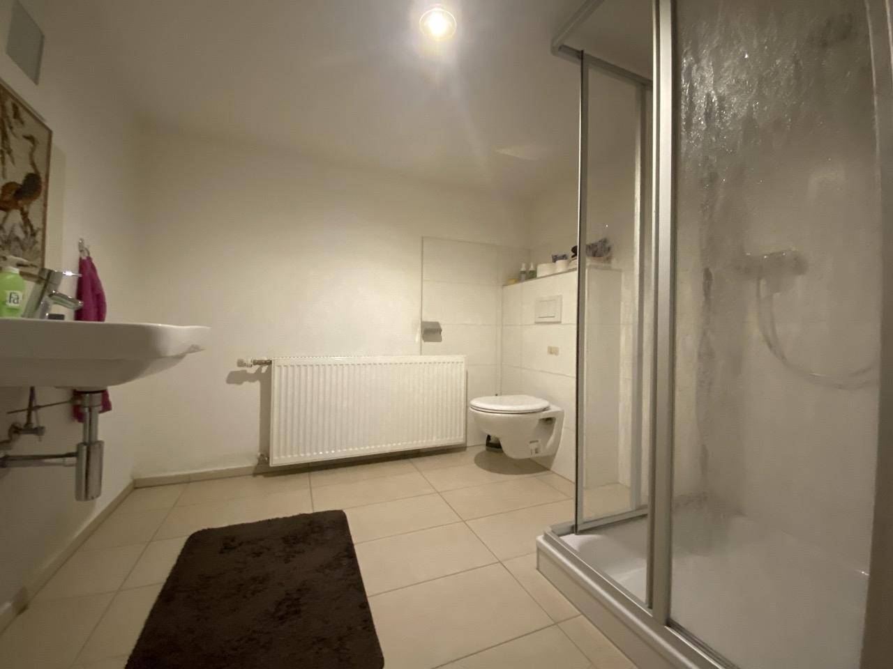 Kleines Badezimmer mit Dusche, WC, Waschbecken und Heizkörper.