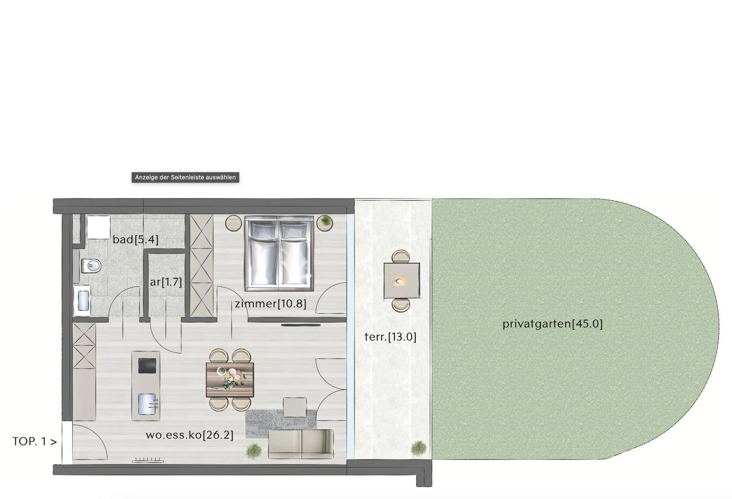 Grundriss einer Wohnung mit offenem Wohnbereich, Schlafzimmer, Bad, Terrasse und privatem Garten.