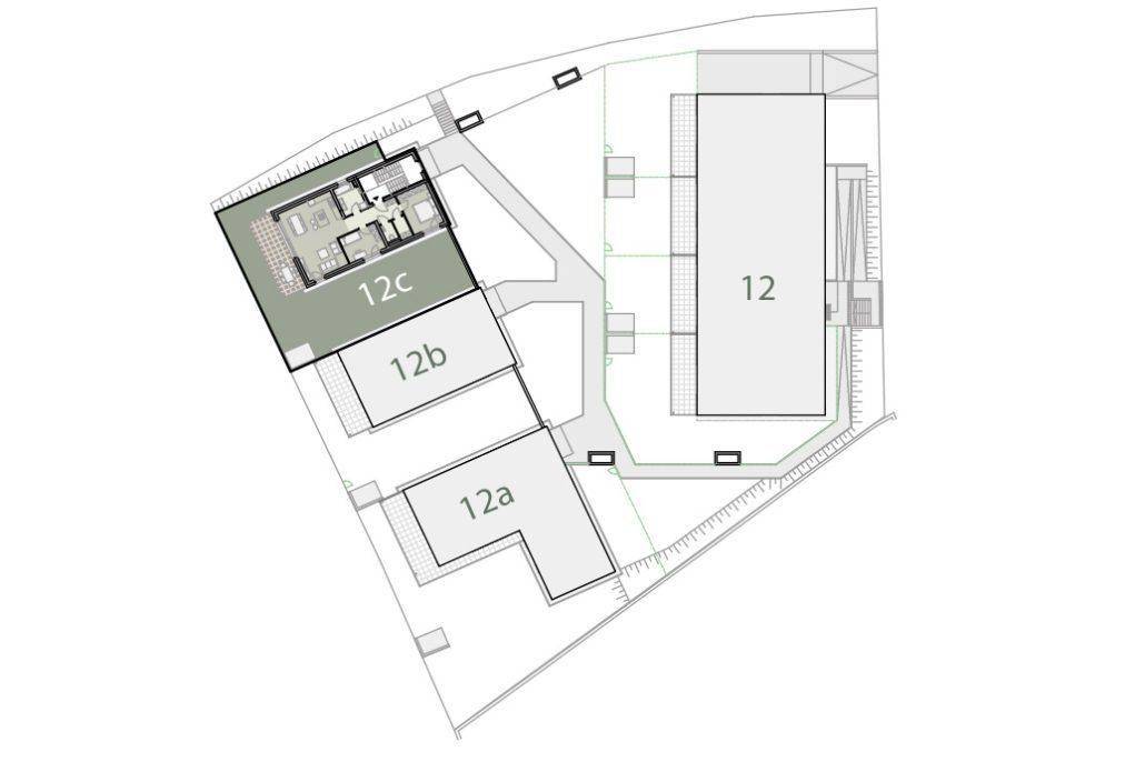 Lageplan der Wohnanlage mit Hervorhebung einer spezifischen Wohneinheit.