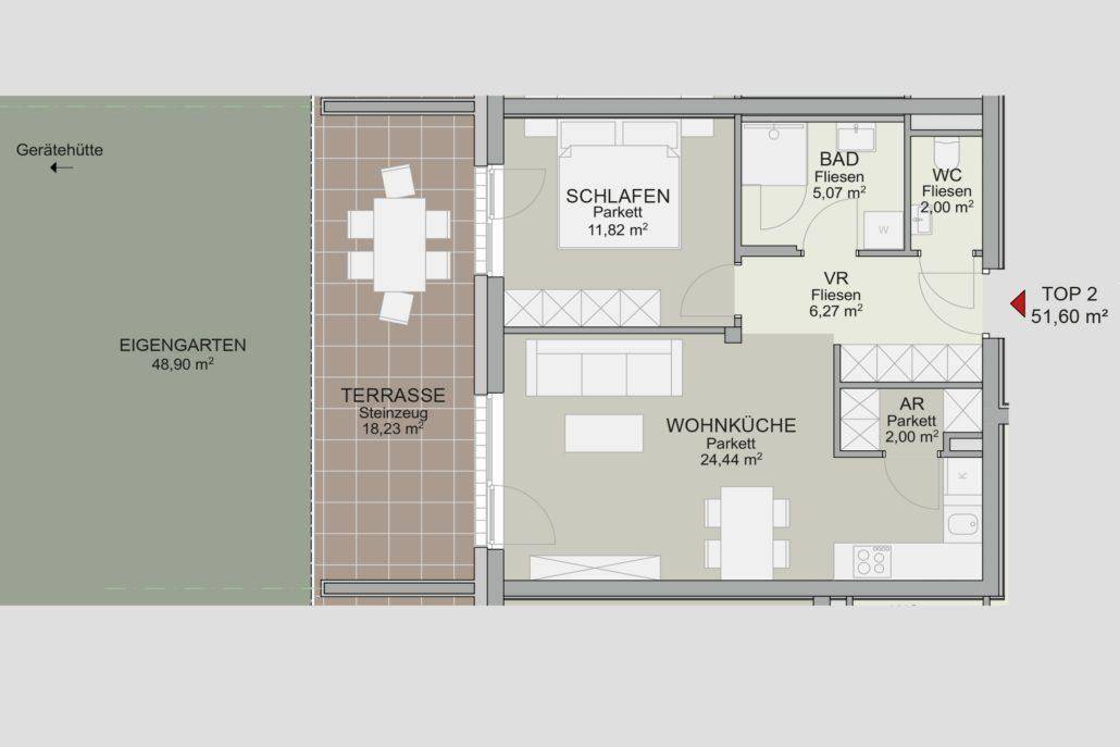 Grundriss der Wohnung TOP 2 mit Wohnküche, Schlafzimmer, Bad, WC, Terrasse und Eigengarten.