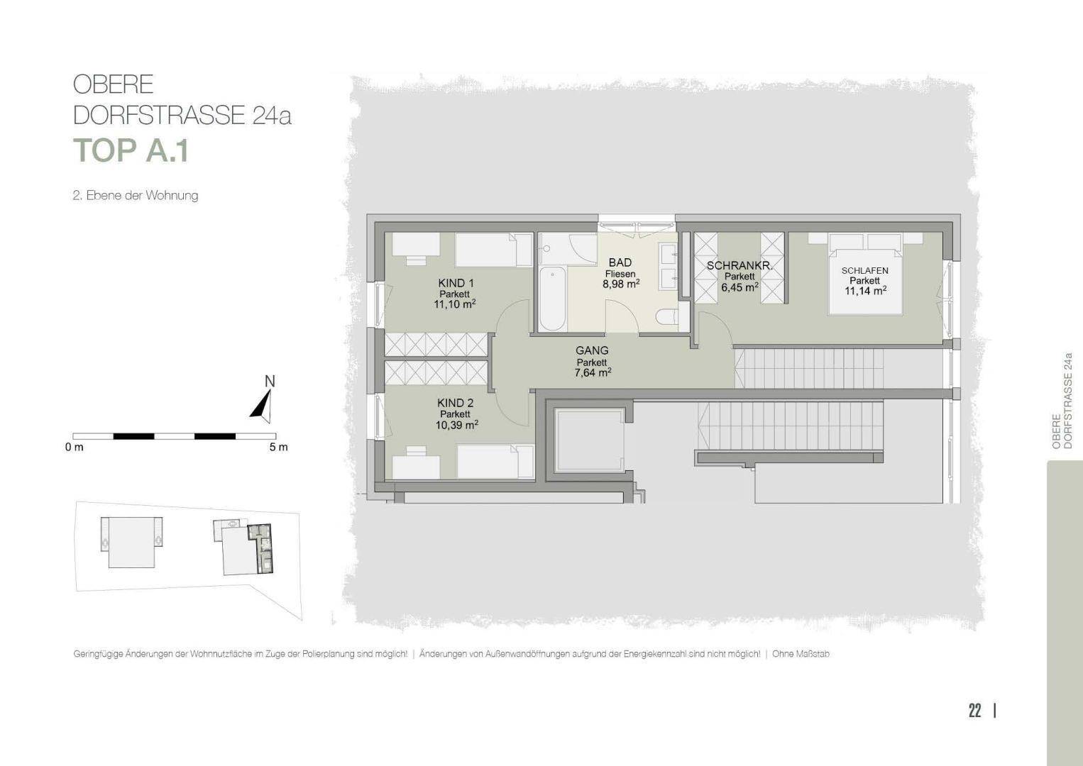 Grundriss der zweiten Ebene der Wohnung TOP A.1 mit Schlafzimmern, Bad und Flur.