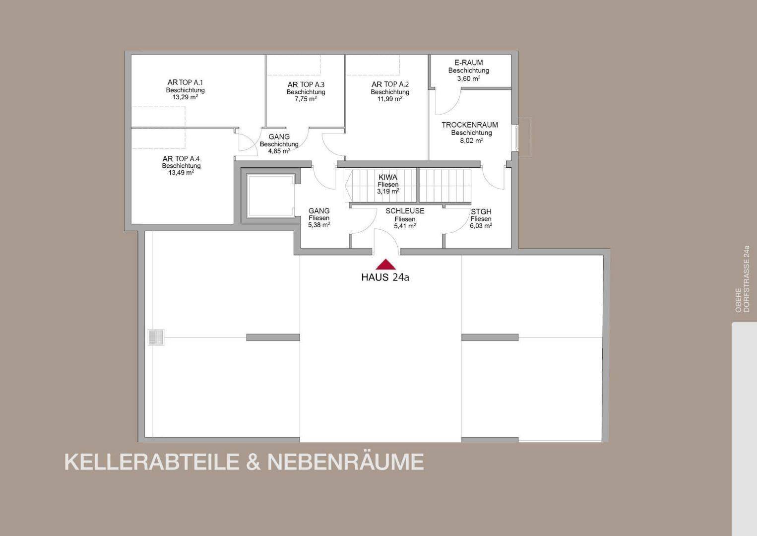 Grundrissplan der Kellerräume und Nebenräume mit verschiedenen Abteilen.