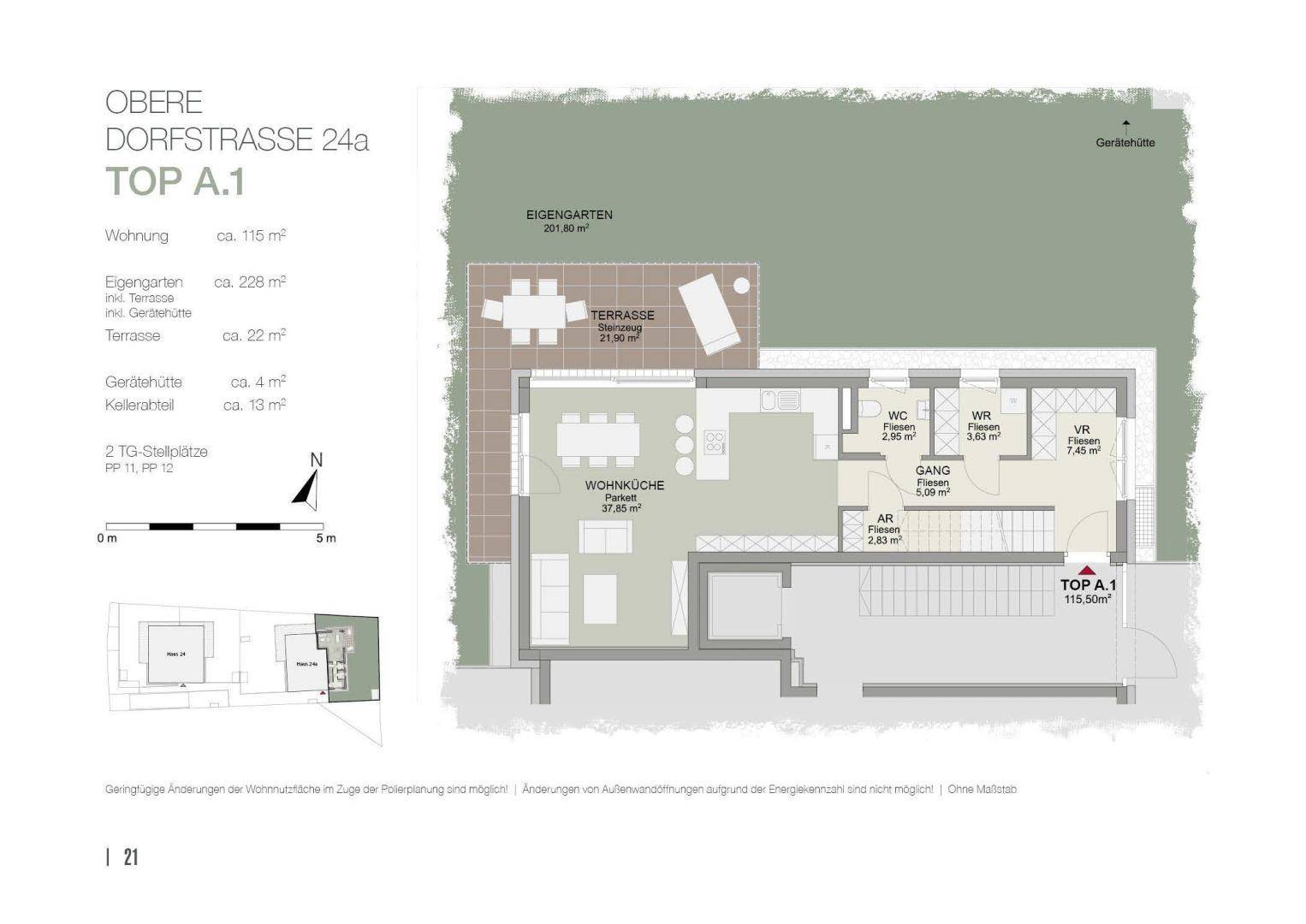 Grundriss der Wohnung TOP A.1 mit Wohnküche, Terrasse, eigenem Garten und weiteren Räumen.