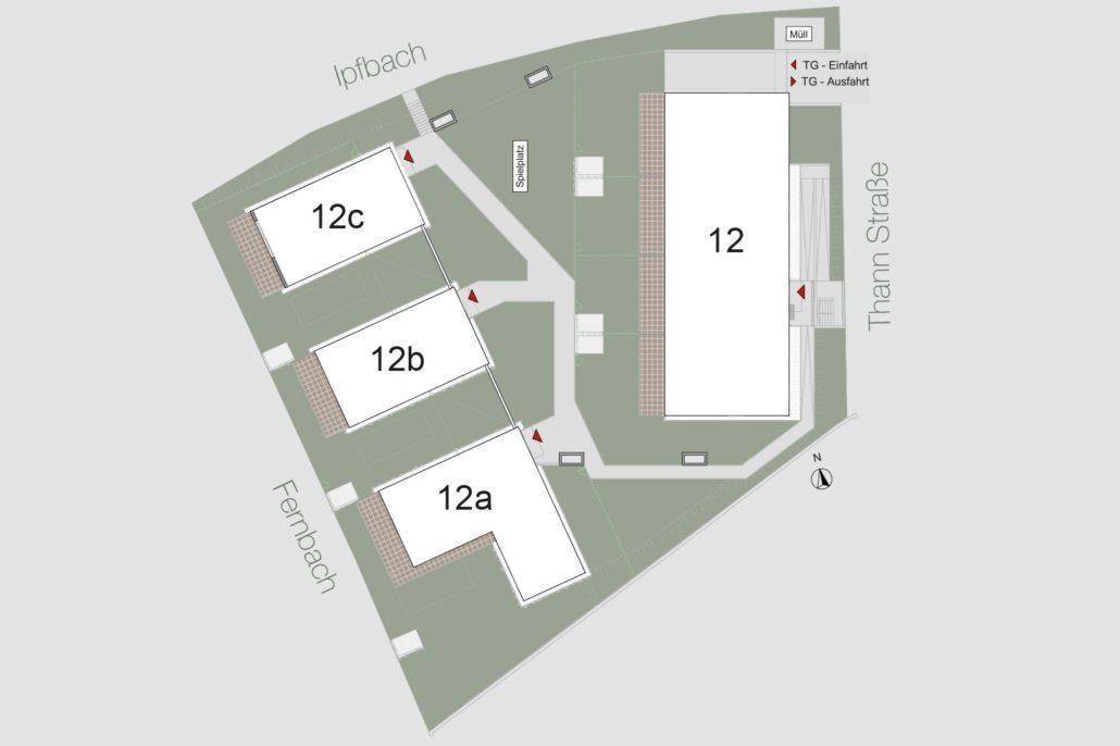 Lageplan der Wohnanlage mit mehreren Gebäuden und umliegenden Straßen.