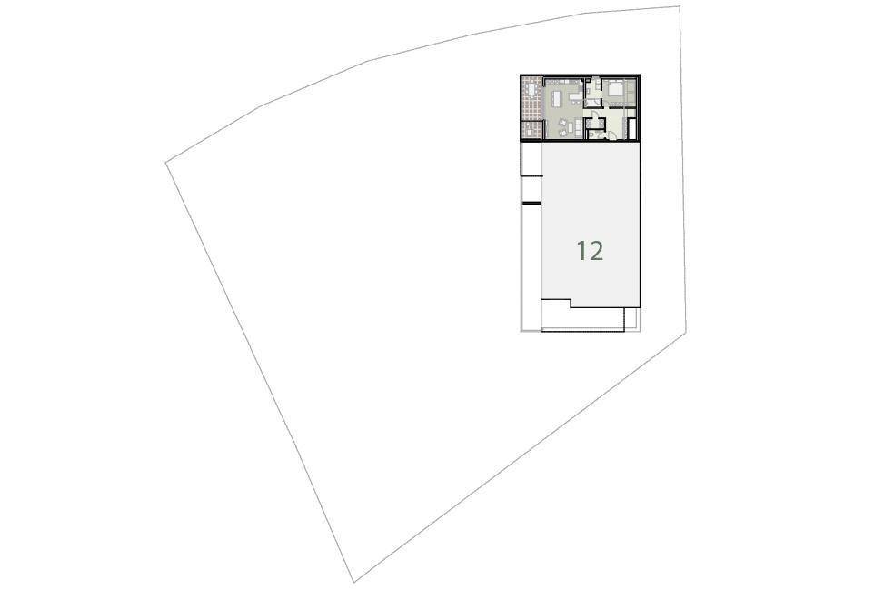 Übersichtlicher Lageplan eines Gebäudes mit integriertem Grundriss einer Wohneinheit.
