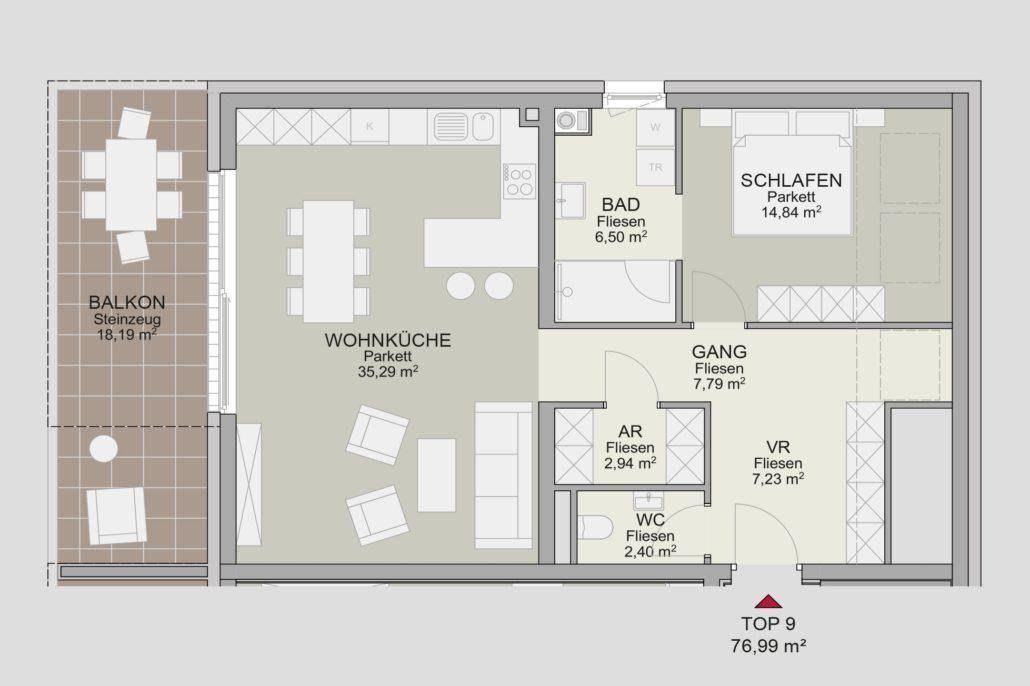 Grundriss einer Wohnung mit Wohnküche, Schlafzimmer, Bad, WC und großem Balkon.