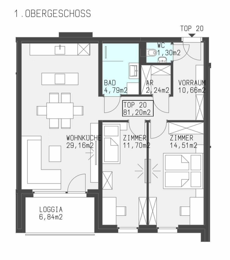 Grundriss des 1. Obergeschosses mit offener Wohnküche, zwei Zimmern, Bad, WC und Loggia.