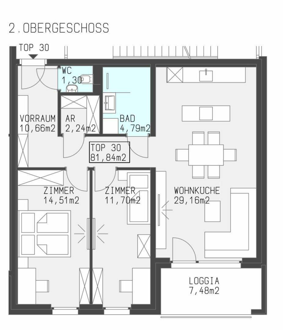Grundriss des 2. Obergeschosses mit Wohnküche, zwei Zimmern und Loggia.
