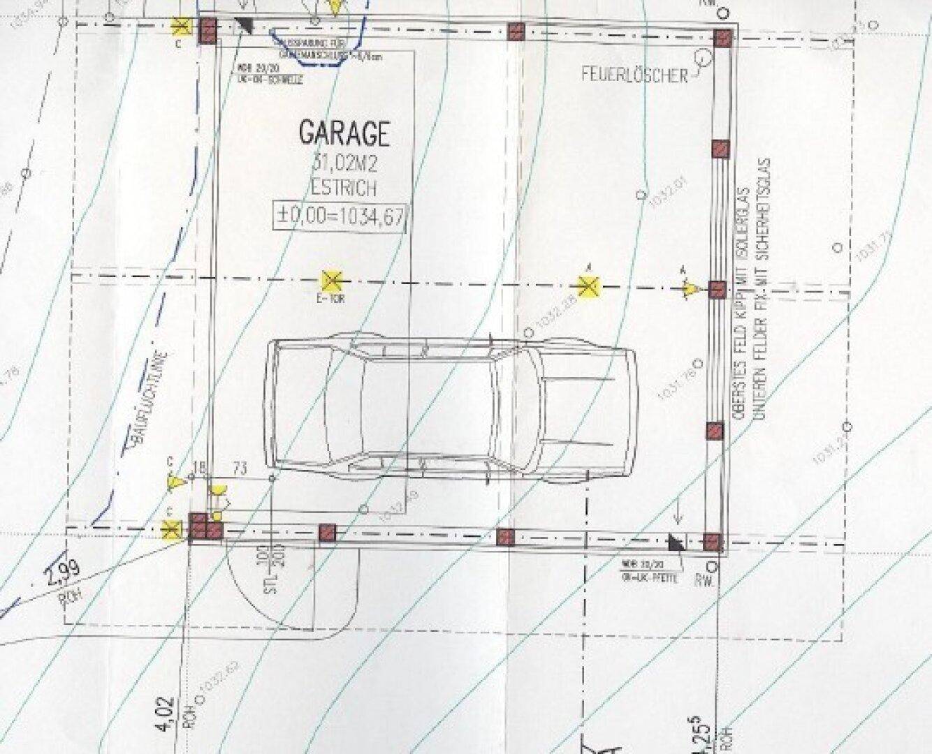Grundriss der Garage mit Stellplatz für ein Fahrzeug und Abmessungen.