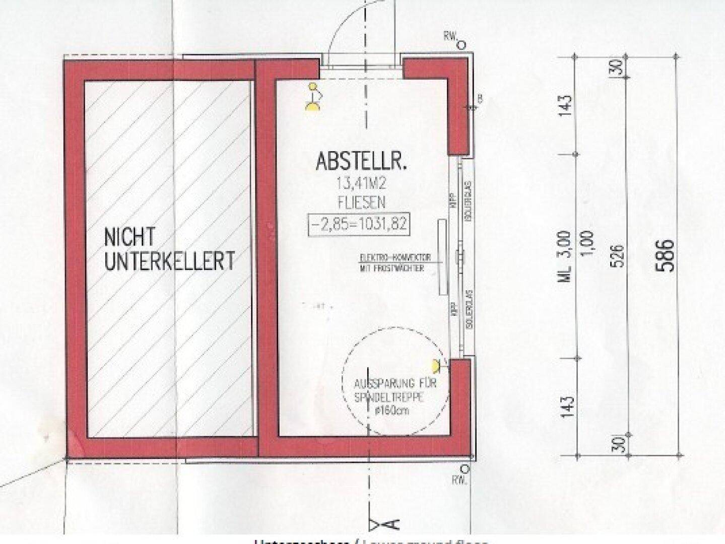 Grundriss des Abstellraums im Untergeschoss mit Wendeltreppenaussparung.