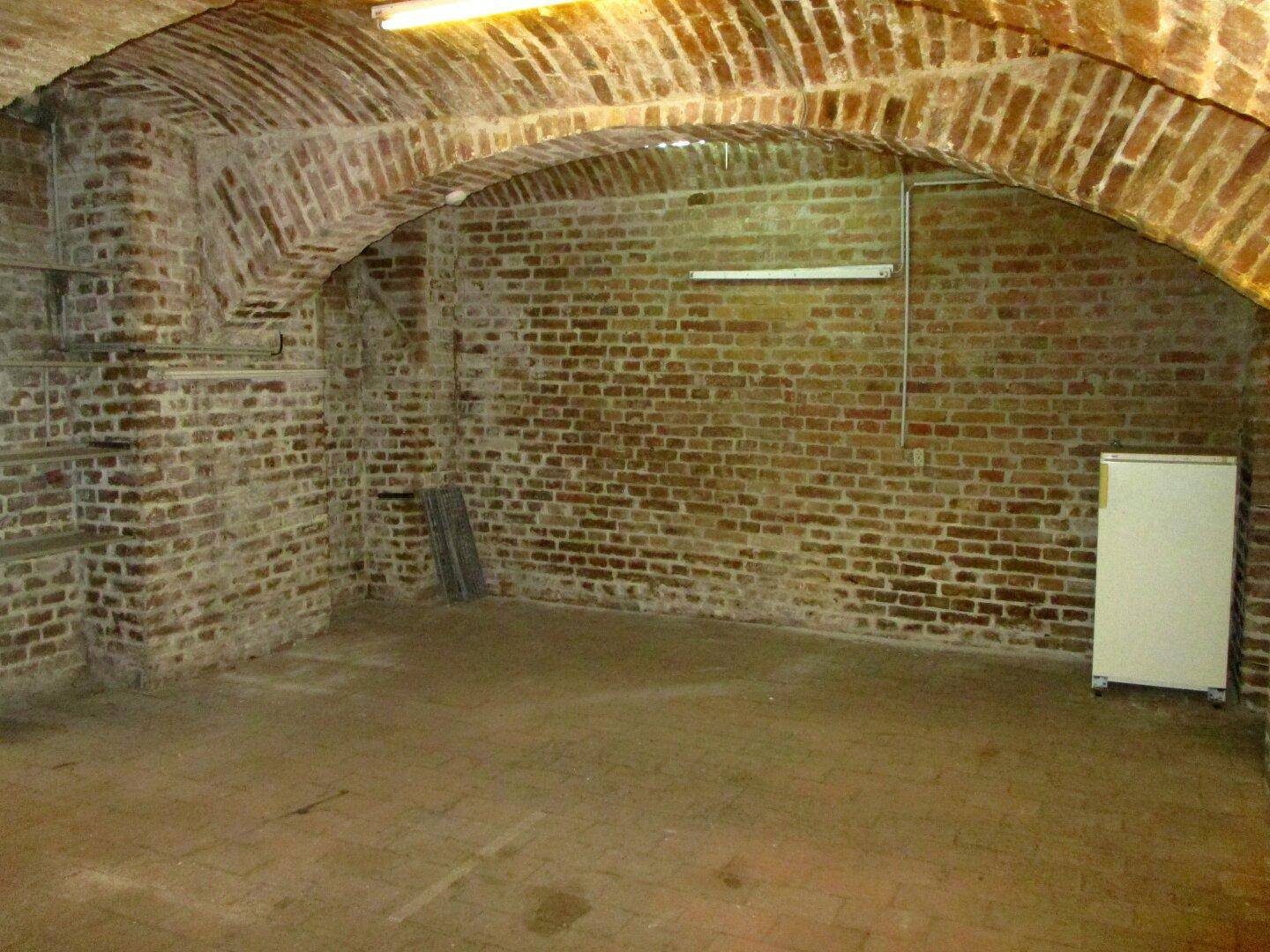 Historischer Kellerraum mit freiliegenden Ziegelwänden und einem beeindruckenden Gewölbe, bietet kühlen Stauraum.