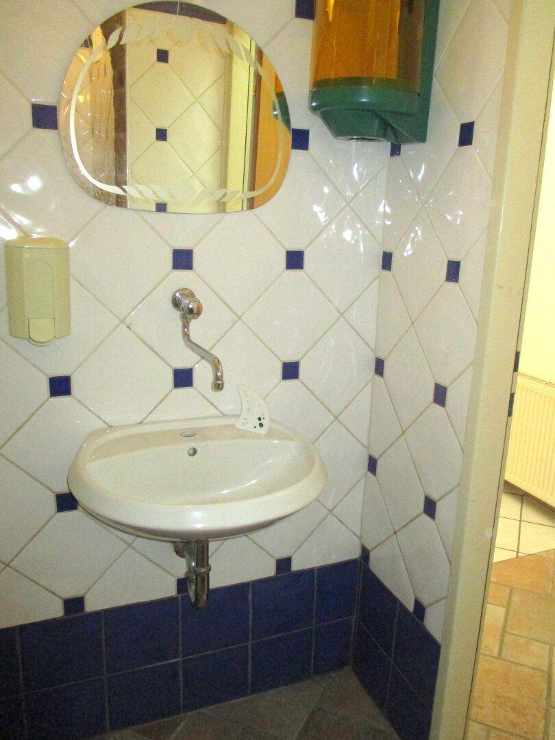 Waschbeckenbereich mit weißem Waschbecken und einem Spiegel, umgeben von weiß-blauen Wandfliesen, bietet eine frische Optik.
