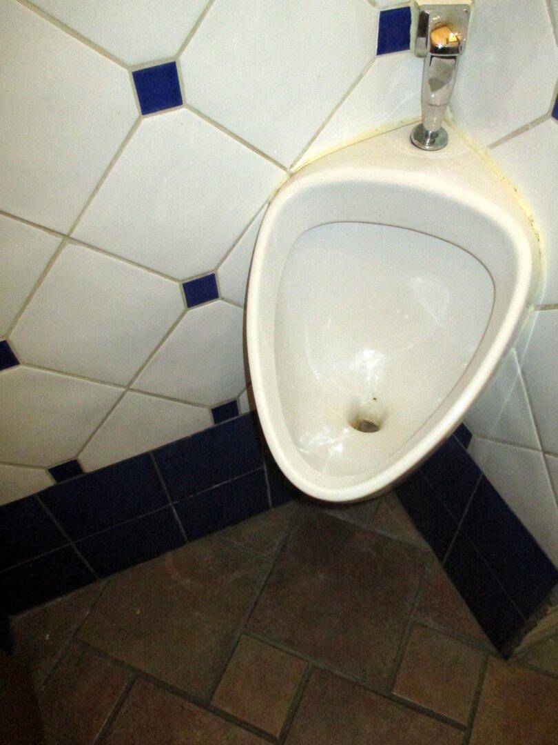 Urinal in einem Toilettenraum mit weiß-blauen Wandfliesen und Terrakotta-Bodenfliesen, funktional und sauber.