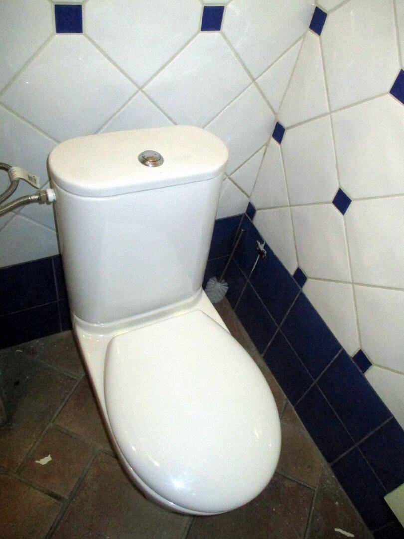 Toilettenbereich mit weißer Keramik, umgeben von weiß-blauen Wandfliesen und Terrakotta-Bodenfliesen, in gutem Zustand.
