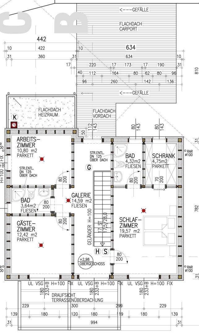Grundriss des Obergeschosses mit Schlafzimmern, Bädern und Arbeitszimmer.