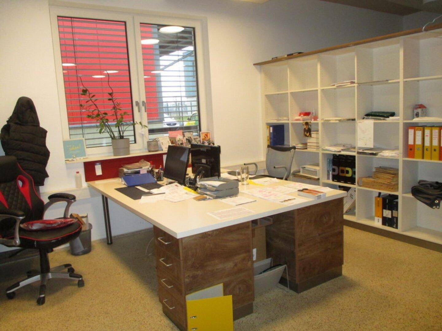 Helles Büro mit Schreibtisch, Bürostuhl und einem großen Regal, beleuchtet durch ein Fenster.