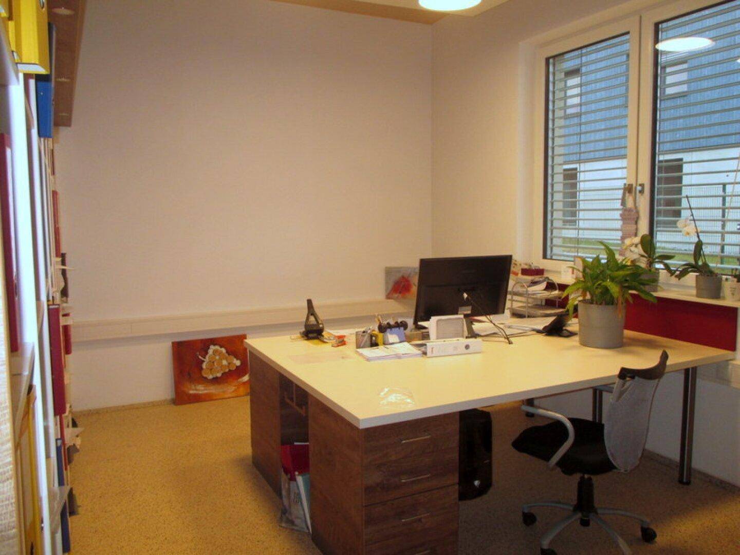 Arbeitsplatz in einem hellen Büro mit Schreibtisch, Computer und Pflanzen am Fenster.