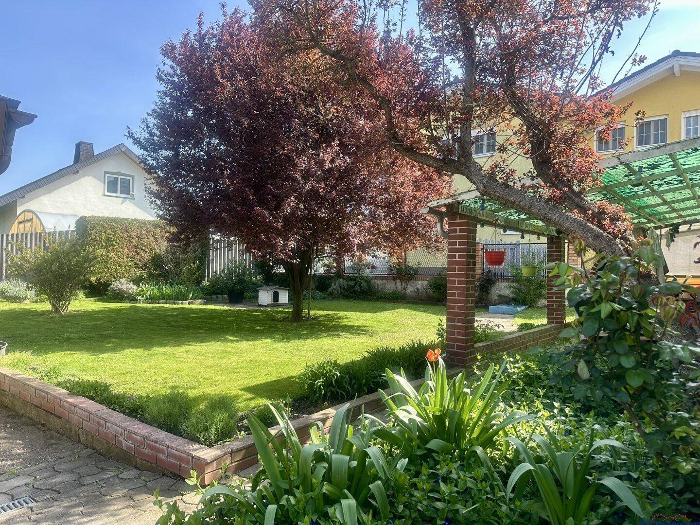 Grüner Garten mit gepflegtem Rasen, blühenden Bäumen und einem kleinen Gartenhaus.