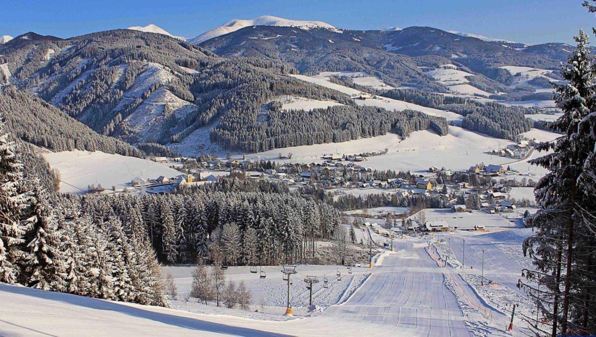 Winterliche Berglandschaft mit verschneiten Wäldern, einem Dorf und präparierten Skipisten.