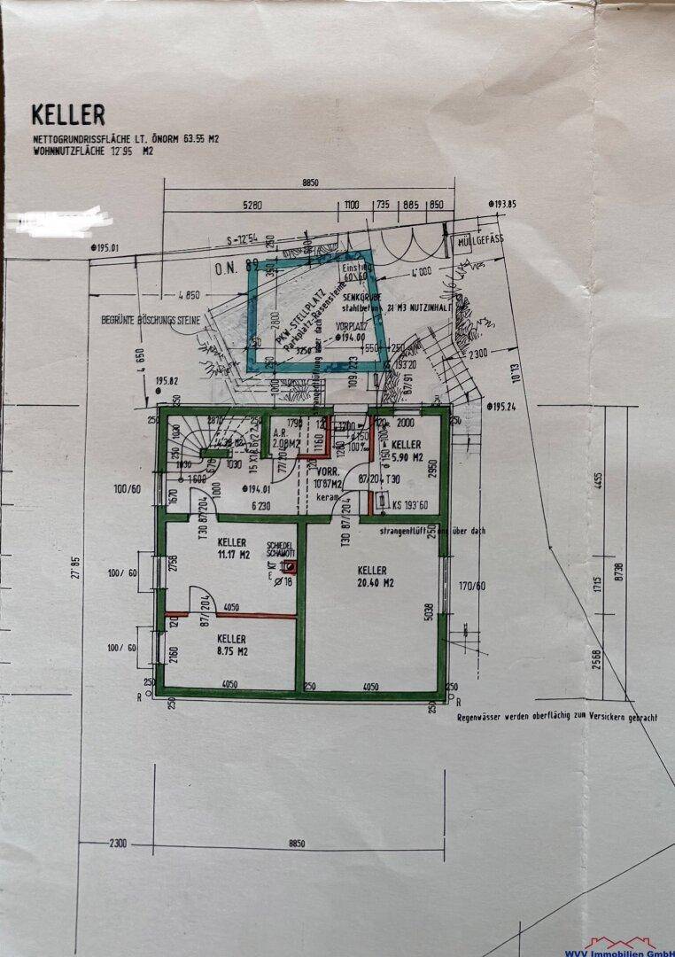 Grundriss des Kellers mit verschiedenen Kellerräumen und Treppenabgang.