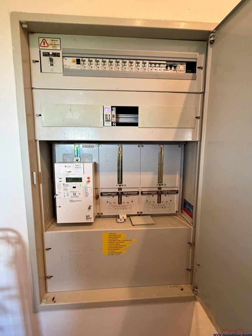 Elektrischer Verteilerkasten und Zähler in einem Technikraum des Hauses.