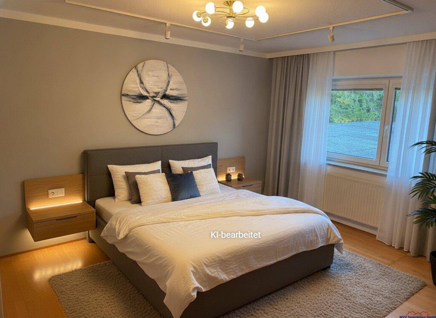 Gemütliches Schlafzimmer mit Doppelbett, schwebenden Nachttischen und Blick ins Grüne.