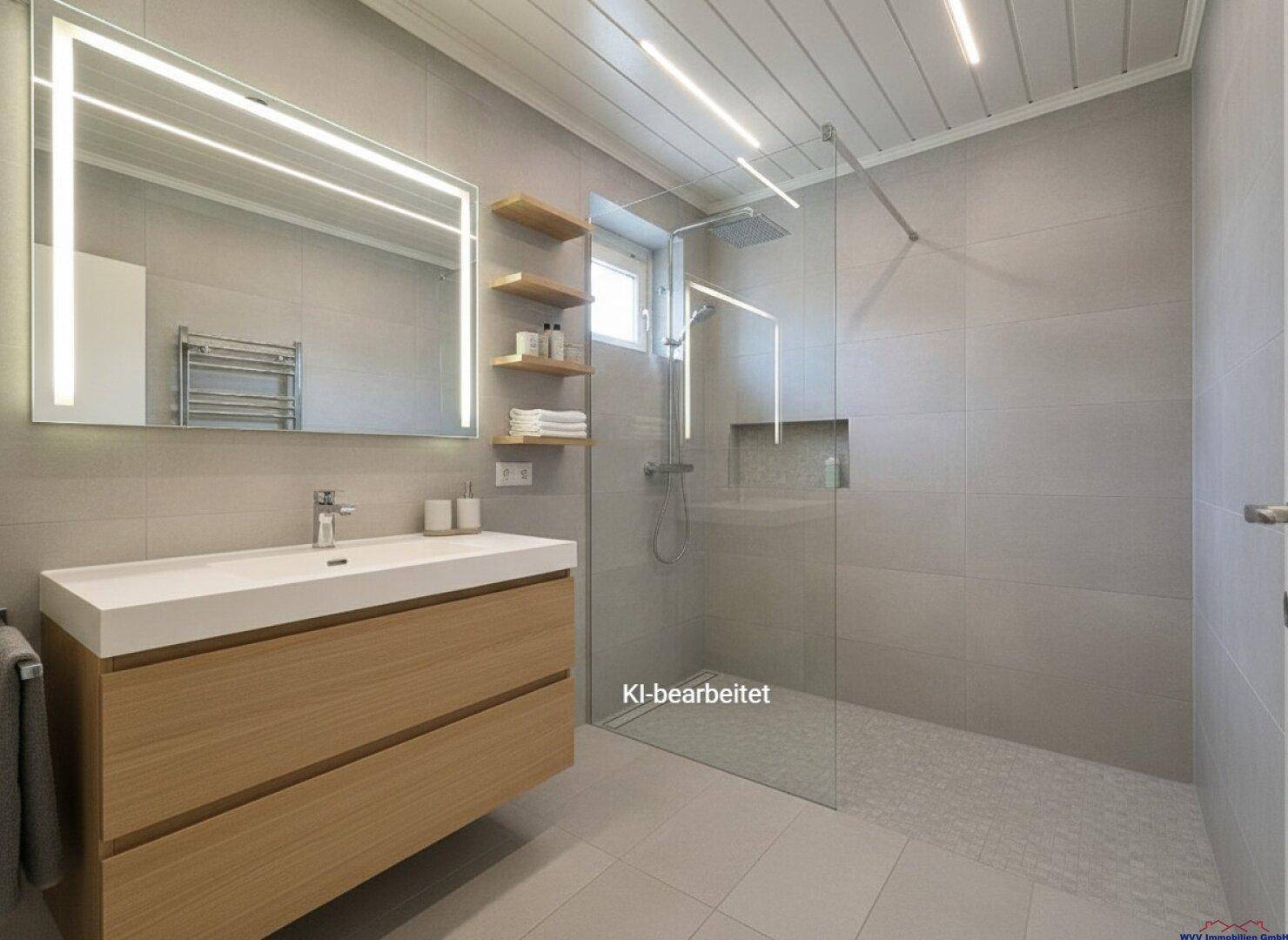 Modernes Badezimmer mit begehbarer Dusche, Einzelwaschbecken und beleuchtetem Spiegel.