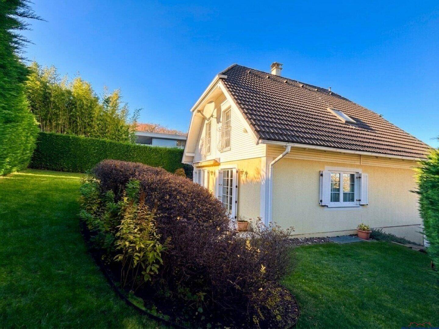 Seitlicher Blick auf das Haus mit Garten, hohen Hecken und einem Dachfenster im Satteldach.