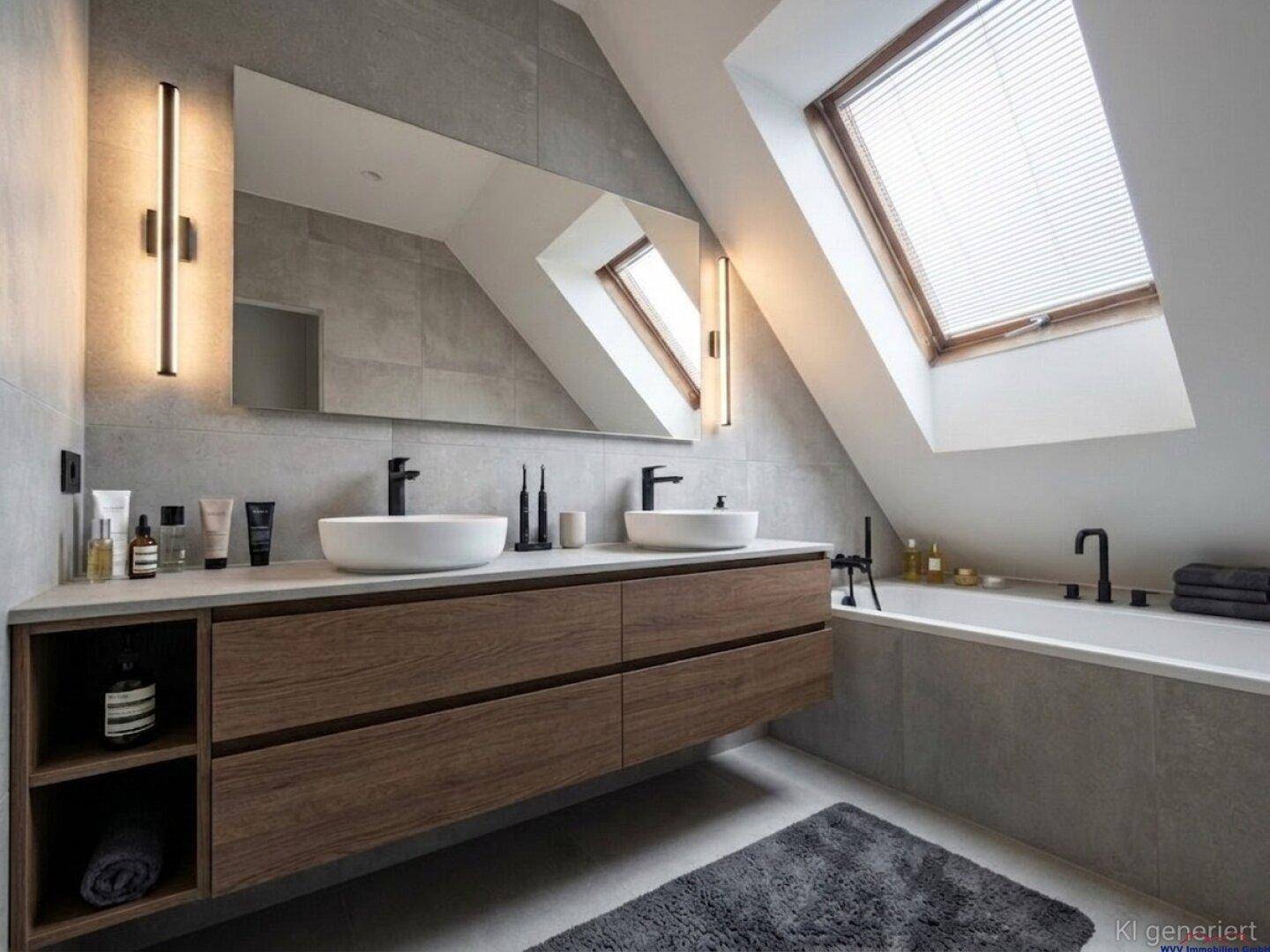 Modernes Badezimmer im Dachgeschoss mit Doppelwaschbecken, Badewanne und großem Dachfenster.