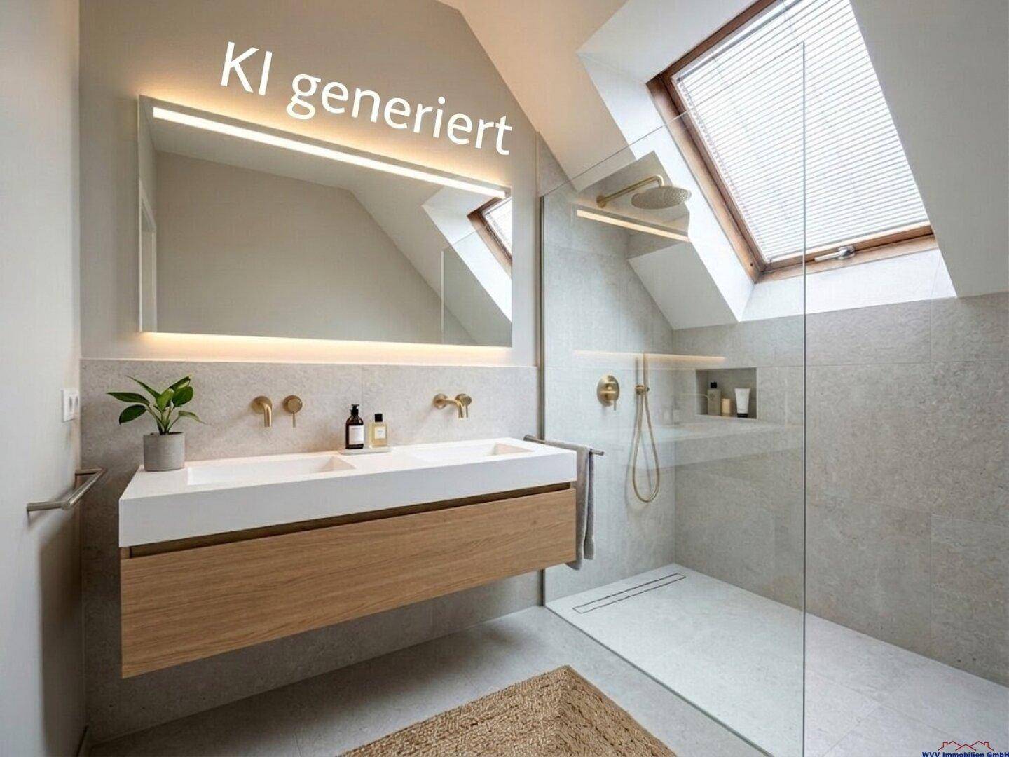 Helles, modernes Badezimmer mit begehbarer Dusche, Einzelwaschbecken und Dachfenster für viel Tageslicht.