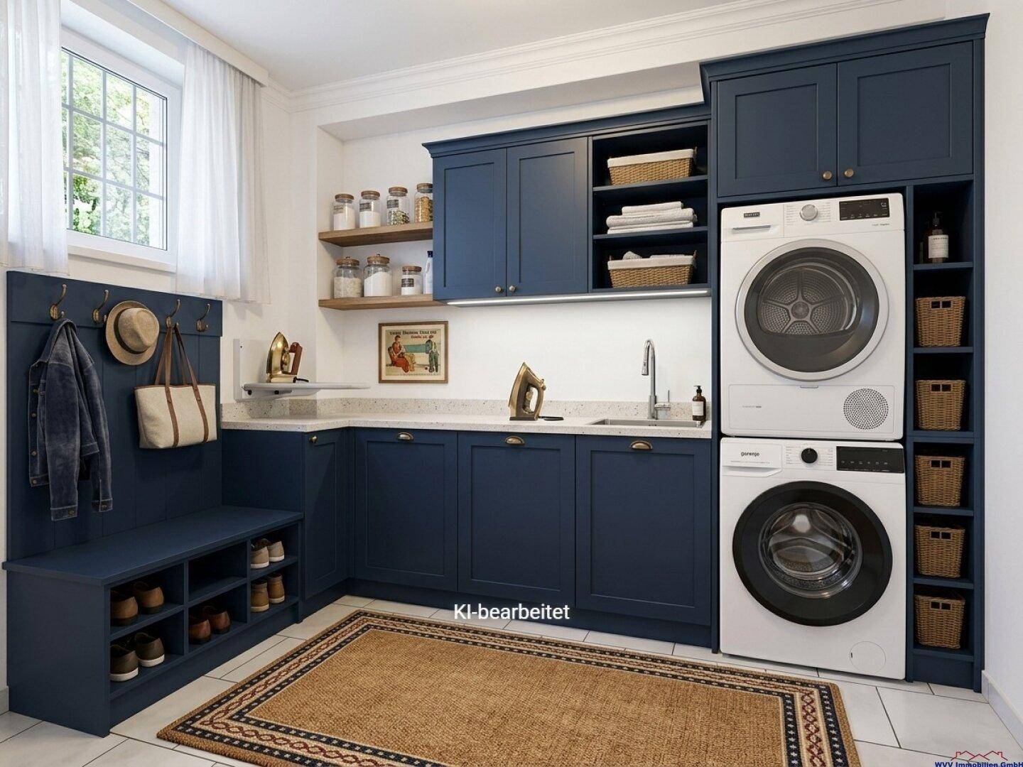 Funktionaler Hauswirtschaftsraum mit blauen Einbauschränken, Waschmaschine, Trockner und integrierter Garderobe.