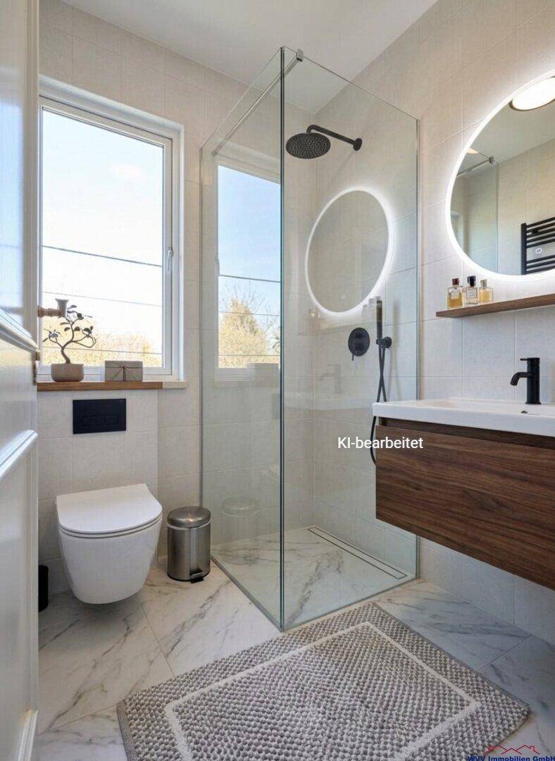 Zeitgemäßes Badezimmer mit begehbarer Dusche, wandhängendem WC, Einzelwaschbecken und Fenster.