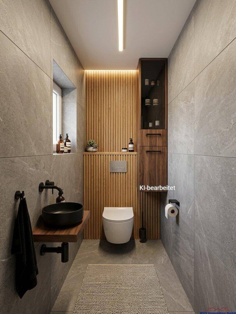 Modernes Gäste-WC mit Wand-WC, schwarzem Waschbecken und stilvoller Holzvertäfelung.