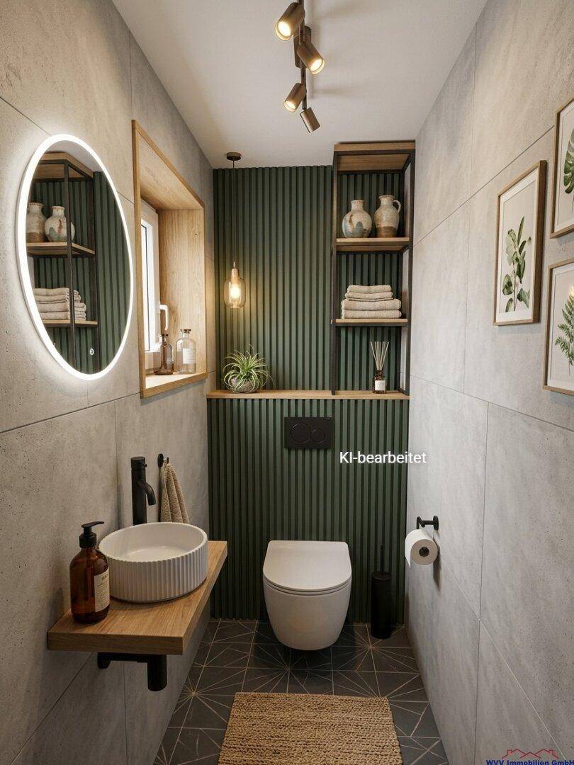 Stilvolles Gäste-WC mit Wand-WC, Aufsatzwaschbecken und grüner Akzentwand.