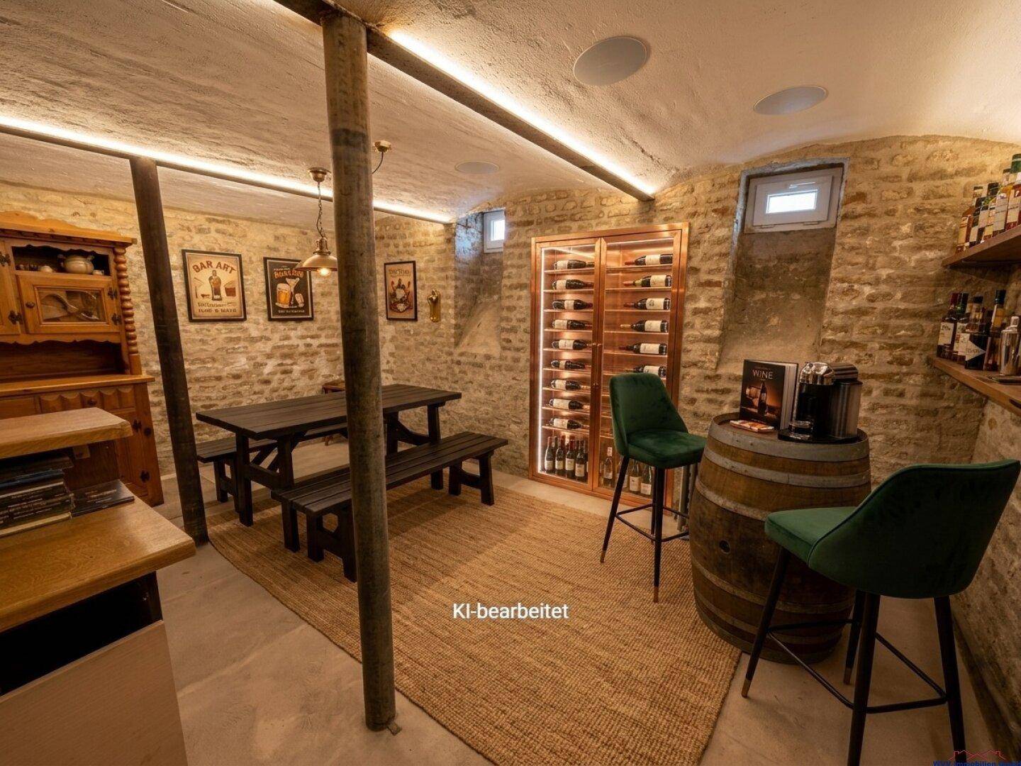 Gemütlicher Weinkeller im Untergeschoss mit Steinfliesen, Holztisch und Weinkühlschrank.