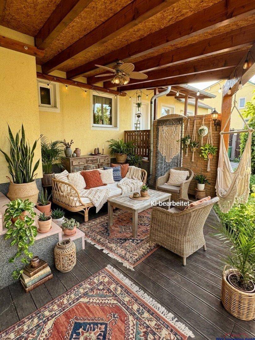 Überdachte Terrasse im Boho-Stil mit Rattanmöbeln, Teppichen und vielen Pflanzen.