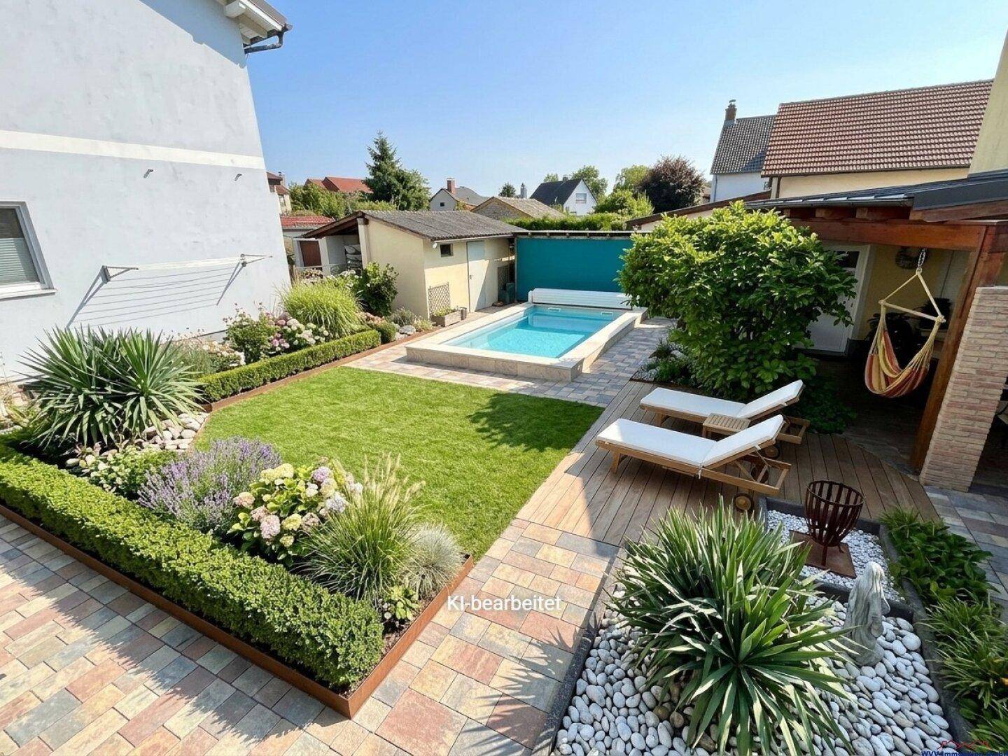 Weitläufiger Garten mit Swimmingpool, Holzdeck, Rasen und vielfältiger Bepflanzung.
