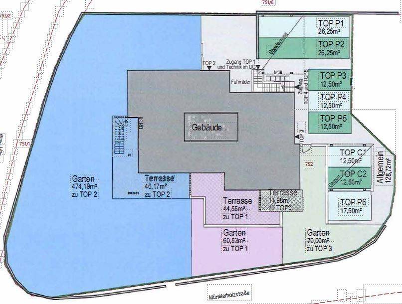 Lageplan des Gebäudes mit den zugehörigen Gärten und Terrassen für die einzelnen Wohneinheiten.