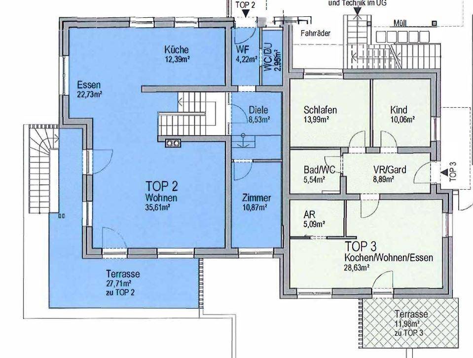 Grundrissplan der Wohneinheiten TOP 2 und TOP 3 mit offener Küche, Wohnbereichen und Terrassenzugang.
